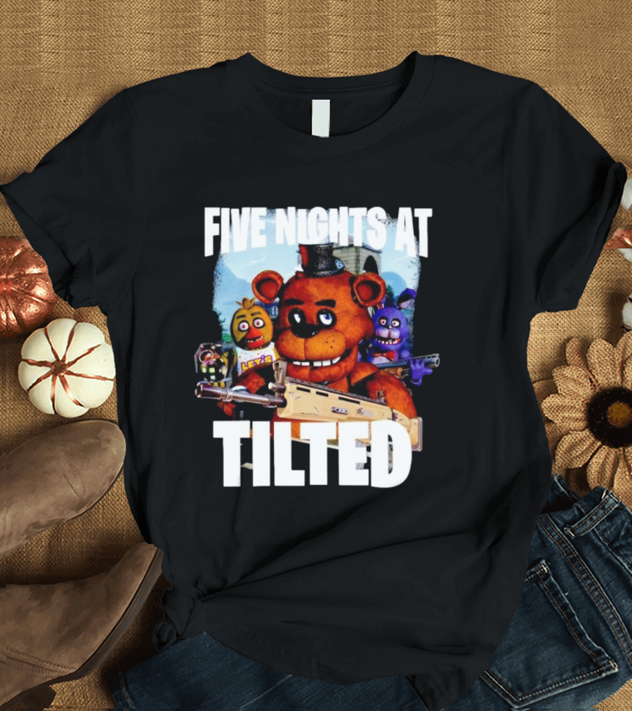 Five Nights at Tilted Freddy Bear Characters with Guns T-Shirt
