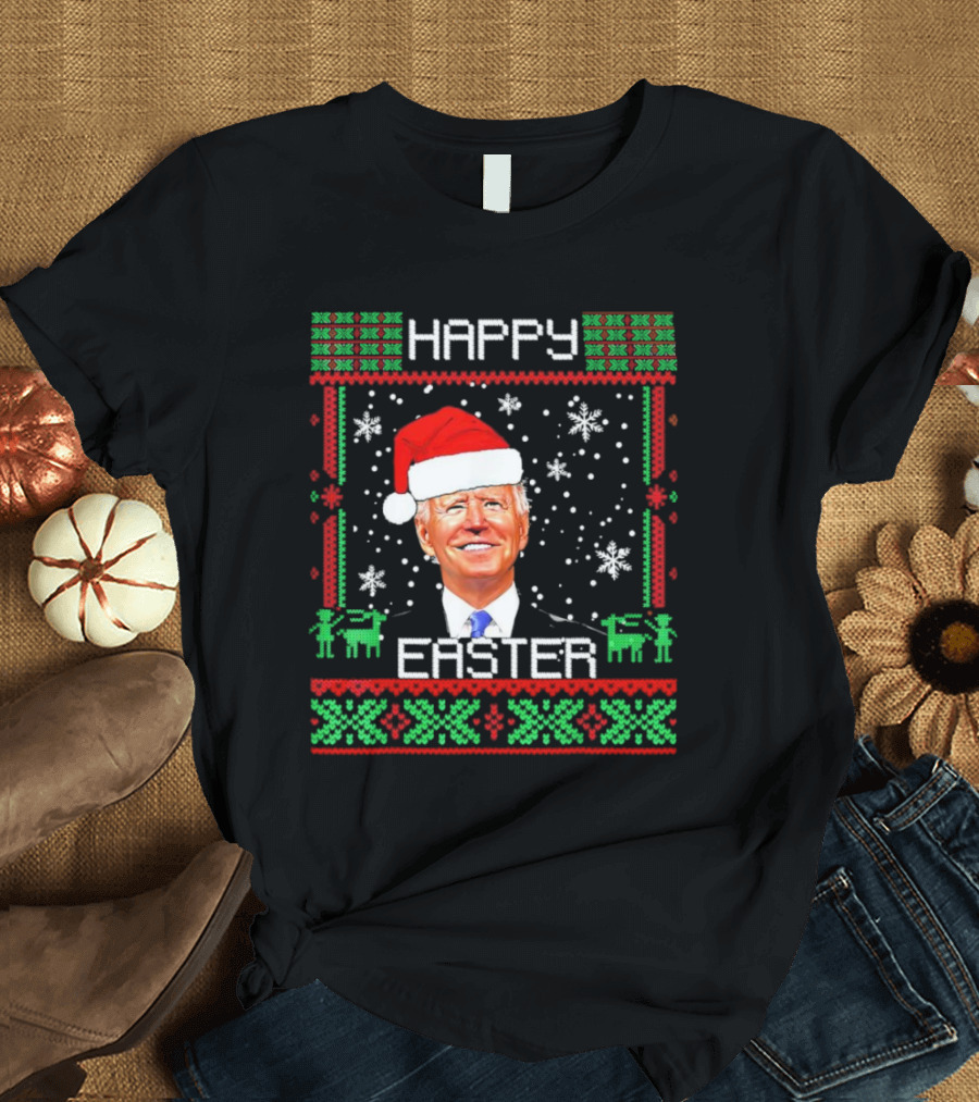 Joe Biden Santa Happy Easter Christmas Snowflakes Reindeer T-Shirt