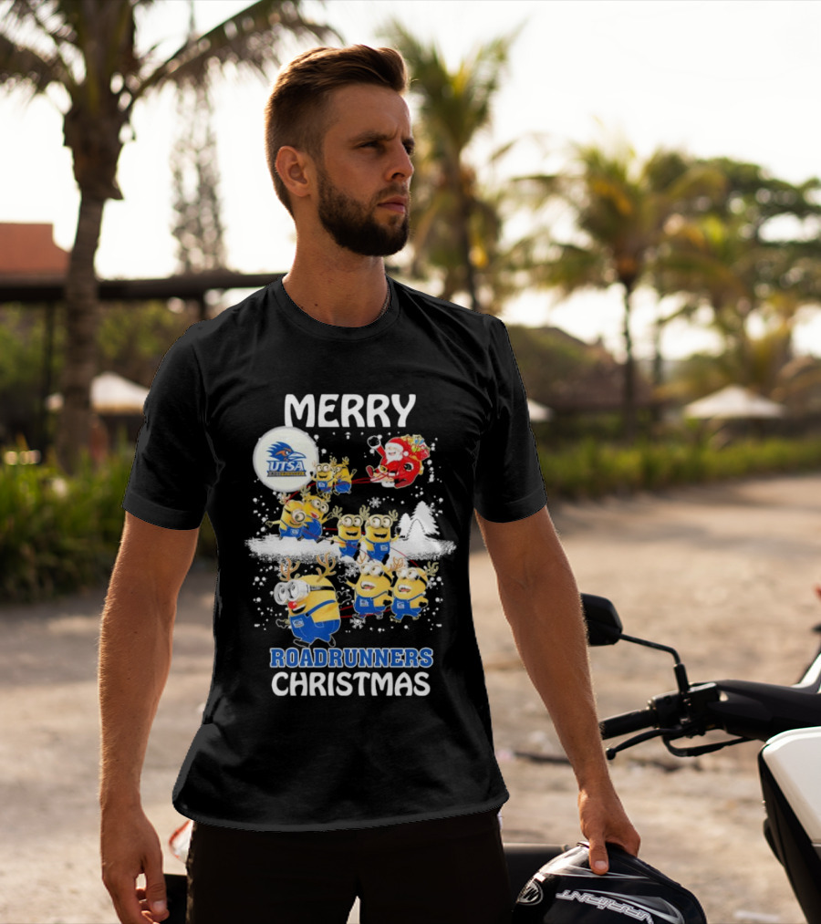 Merry UTSA Roadrunners Minions Christmas With Santa And Reindeer T-Shirt