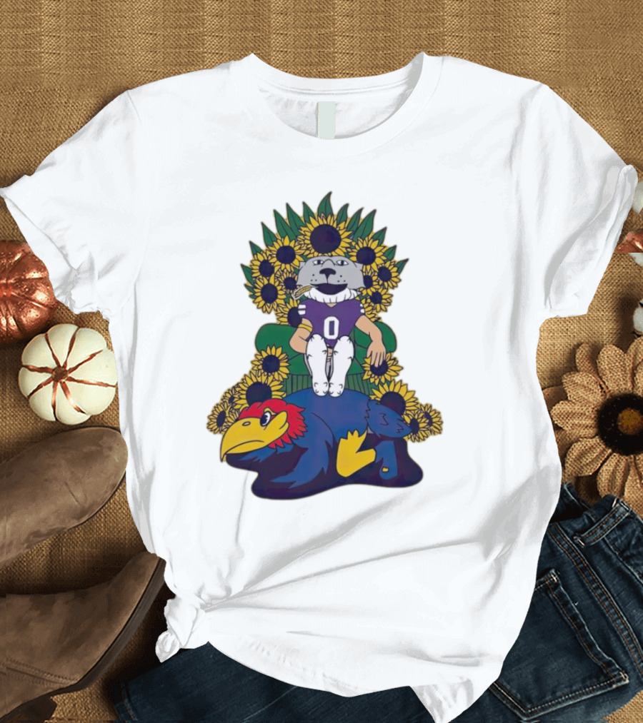 Kansas State Wildcats Mascot Sunflowers Throne with Kansas Jayhawks T-Shirt