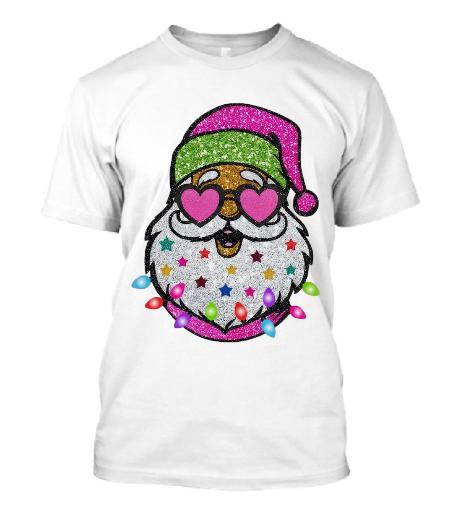 Glittery Pink Santa Claus With Heart Sunglasses And Colorful Stars And Holiday Lights T-Shirt
