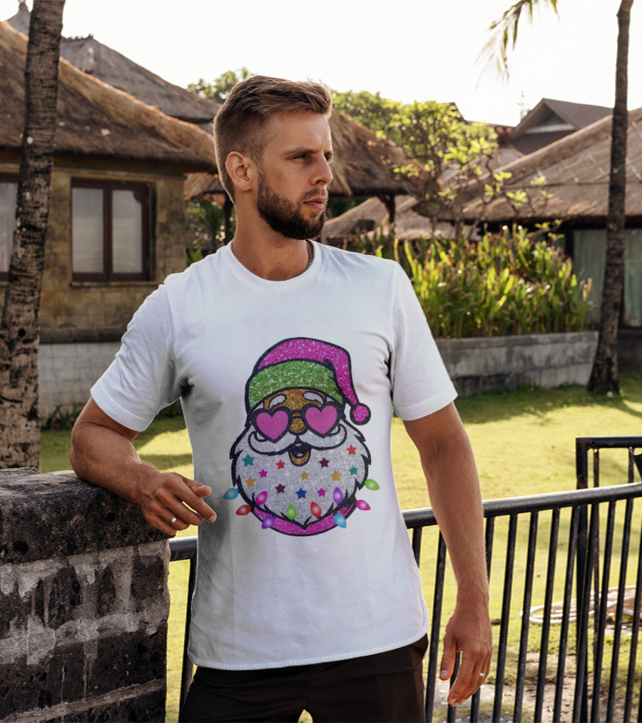 Glittery Pink Santa Claus With Heart Sunglasses And Colorful Stars And Holiday Lights T-Shirt