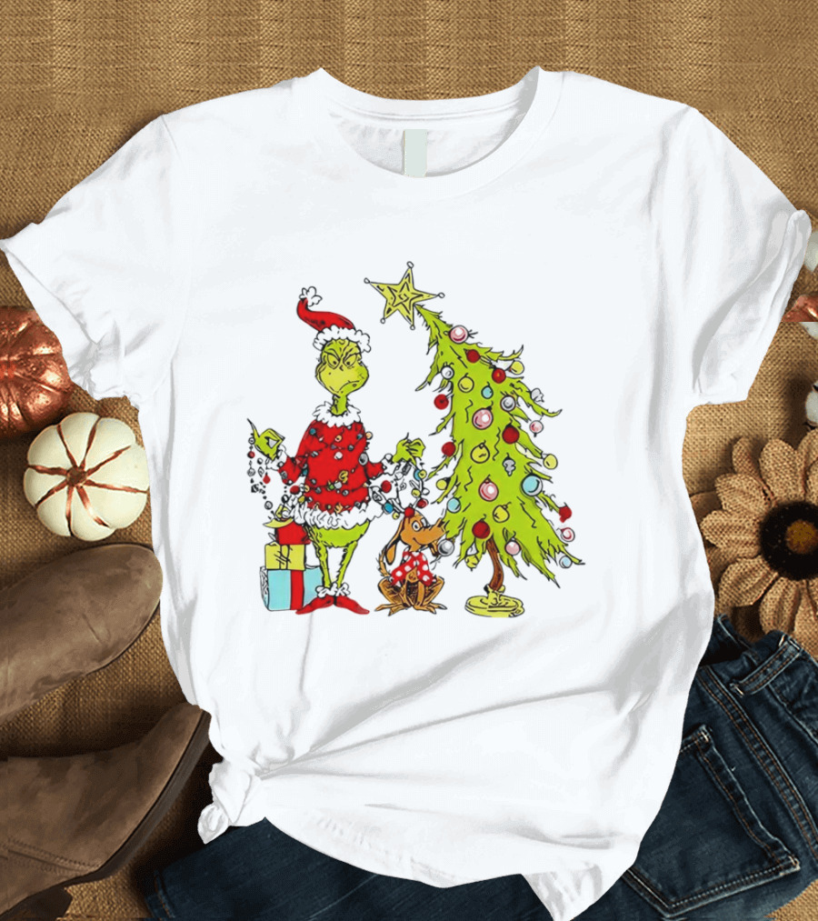 Grinch in Santa Hat and Dog with Christmas Tree and Presents T-Shirt