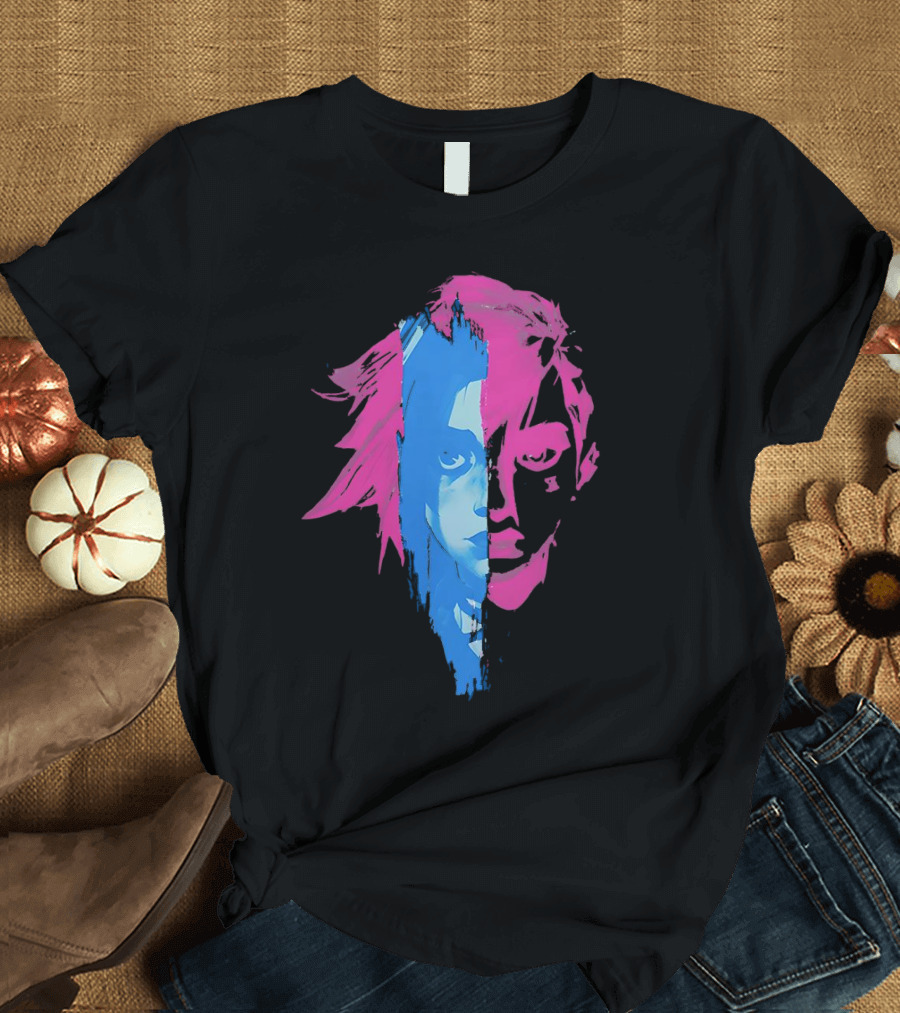 Arcane Vi and Jinx Split Face Blue and Pink T-Shirt
