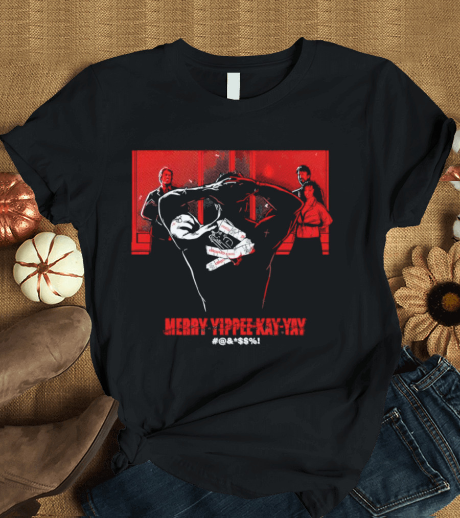 Merry Yippee Kay Yay Die Hard Christmas Scene with Characters and Explosives T-Shirt