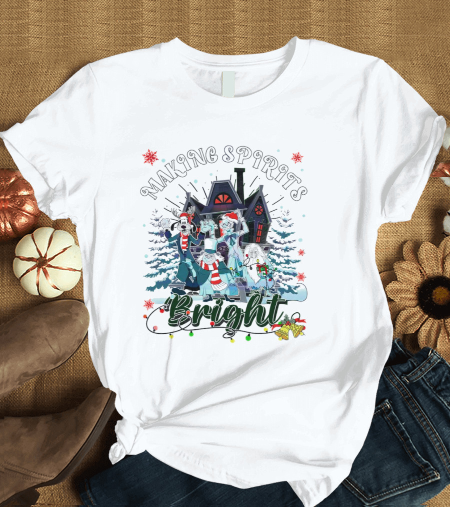 Making Spirits Bright Haunted Mansion Christmas Ghosts in Winter Scene T-Shirt
