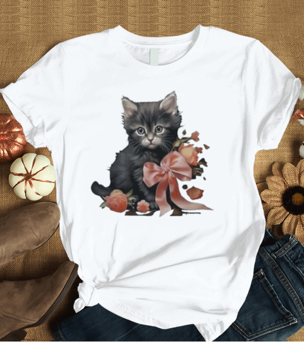 T-Shirt: Kimchi And Miso Cute Cat With Bow And Flowers T-Shirt Kimchi And Miso Cute Cat With Bow And Flowers T-Shirt