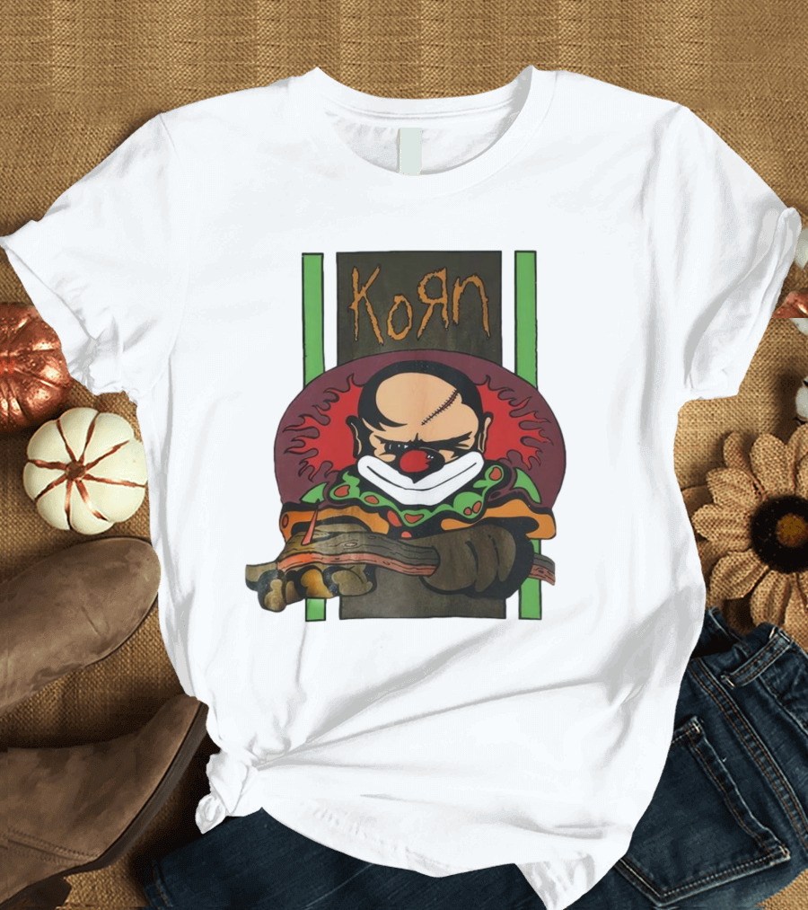 Korn Clown Vintage Evil Clown with Red Nose and Stitched Head T-Shirt