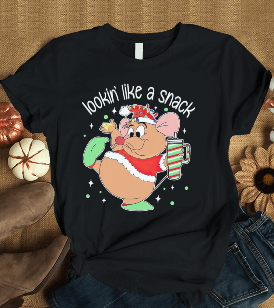 Lookin' Like a Snack Santa Mouse Holding Cheese and Peppermint Drink T-Shirt