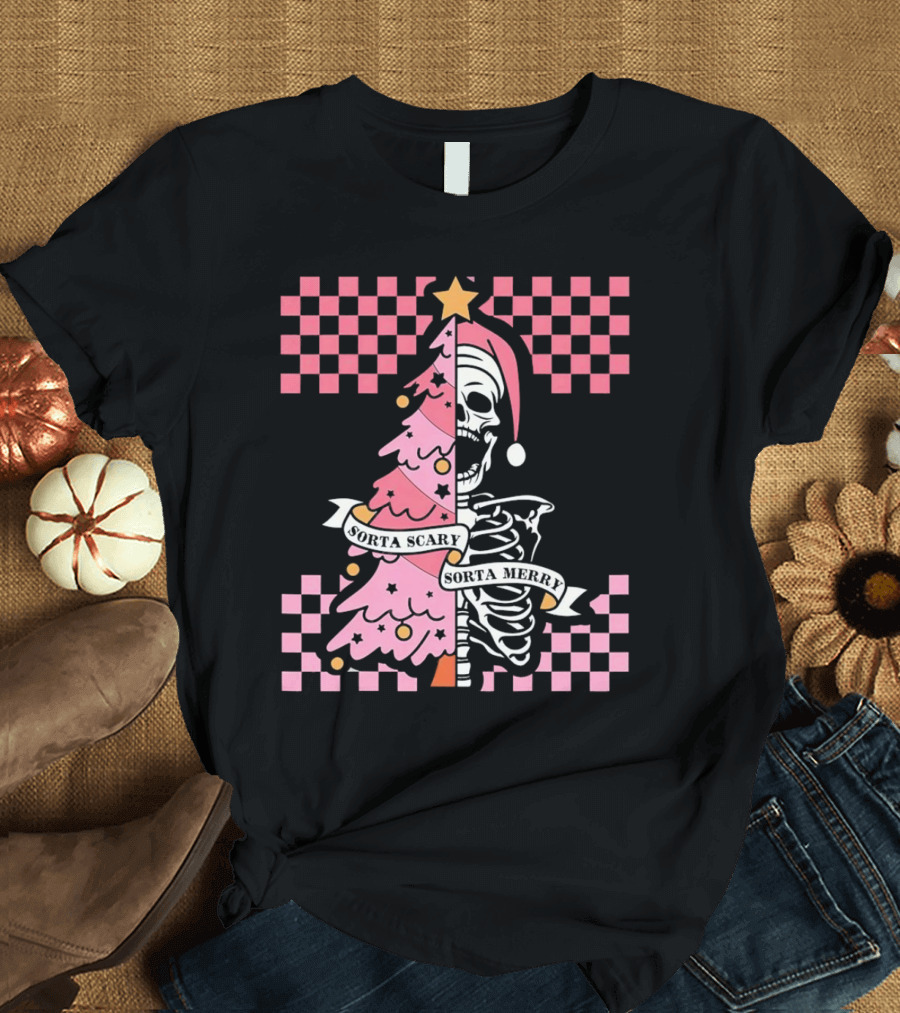 Skeleton Sorta Scary Sorta Merry Christmas Tree Split T-Shirt