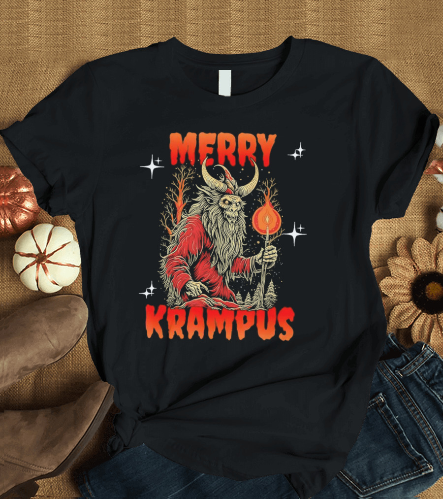 Merry Krampus Horror Christmas Demon with Fiery Torch in Forest Scene T-Shirt