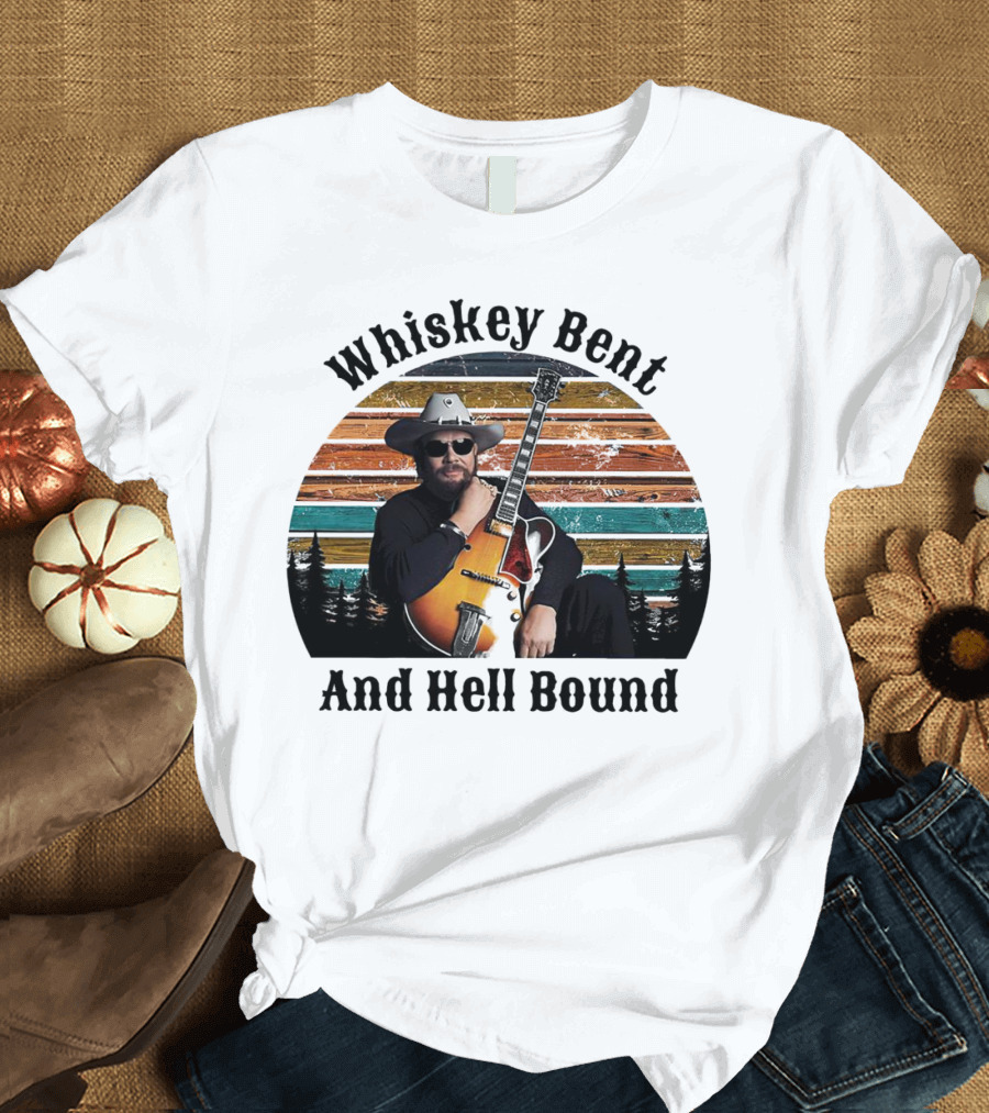 Whiskey Bent and Hell Bound Cowboy with Guitar Retro Sunset T-Shirt