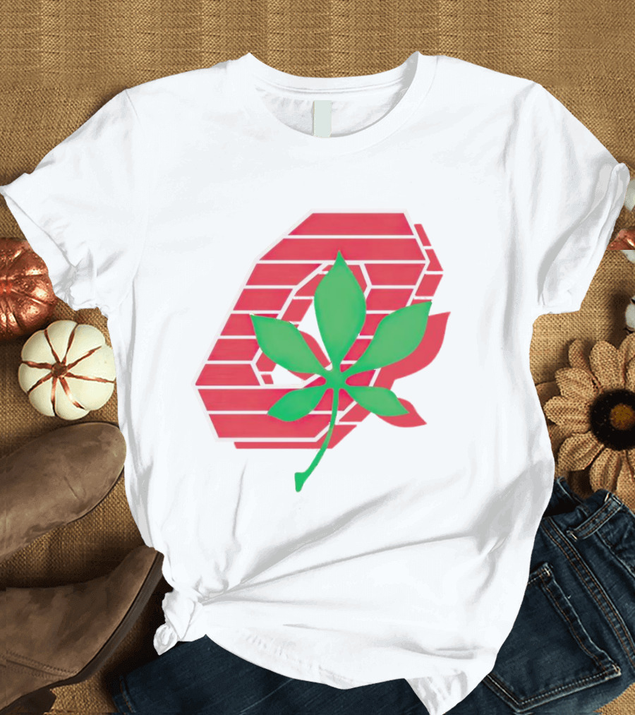 Ohio State Buckeyes Scarlet and Gray O with Green Leaf Emblem T-Shirt