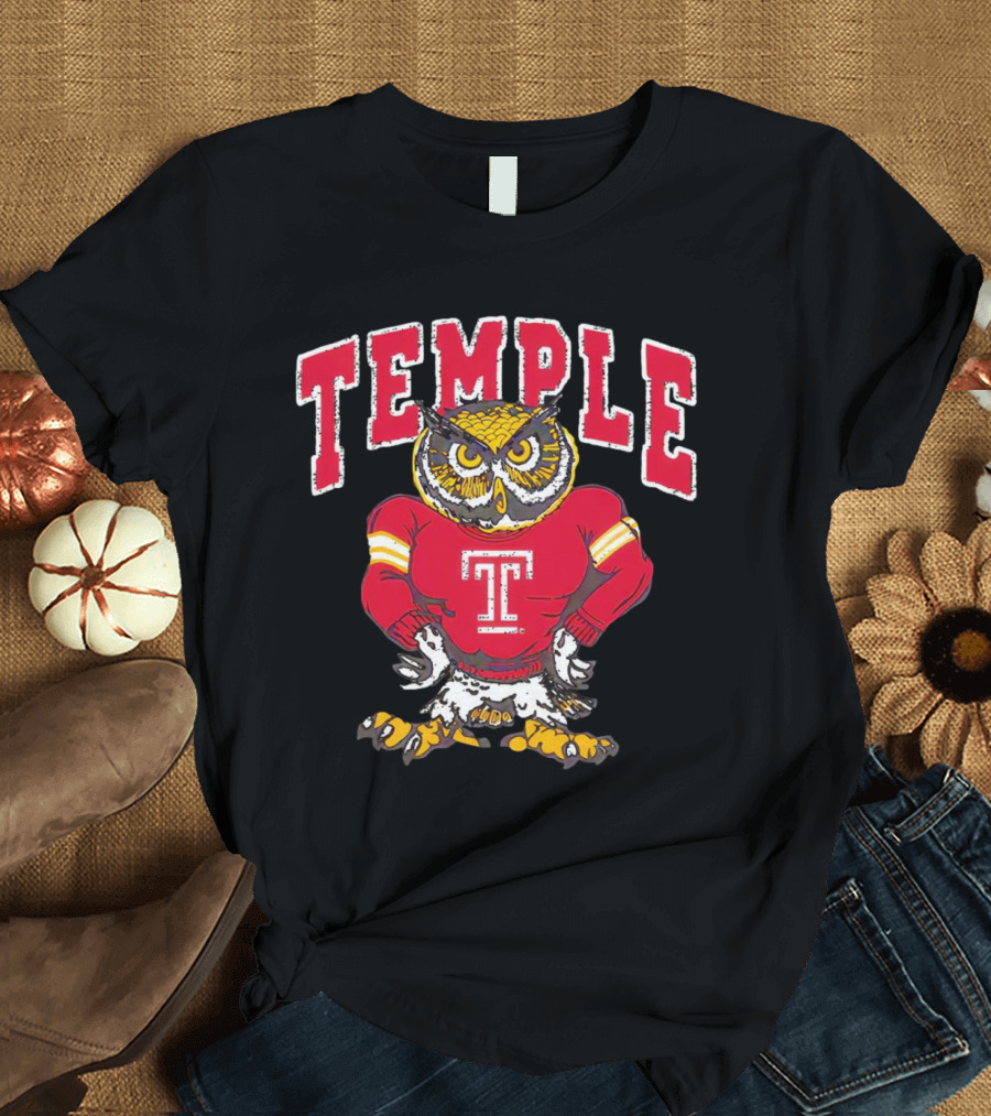 Temple Owls Football Mascot in Red Jersey with Bold Temple Text T-Shirt