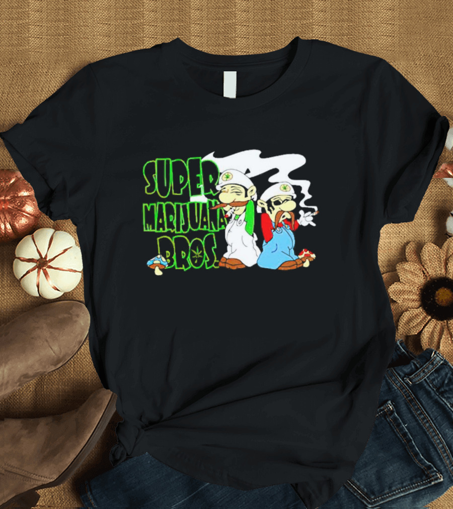 Super Marijuana Bros Weed Parody with Smoking Characters and Mushrooms T-Shirt