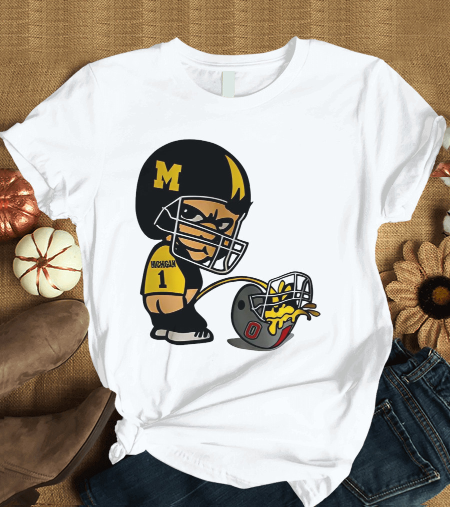 Michigan Wolverines M Football Player Pissing on Ohio State Helmet with O T-Shirt