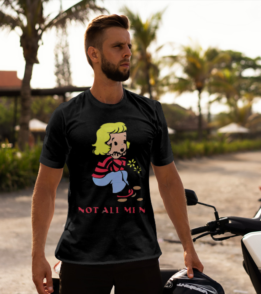 Not All Men But Somehow Always A Man Cartoon Character Sitting On Steps With Flowers T-Shirt
