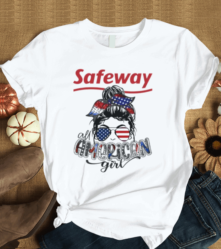 Safeway All American Girl Messy Bun Red White Blue Glasses Bandana T-Shirt