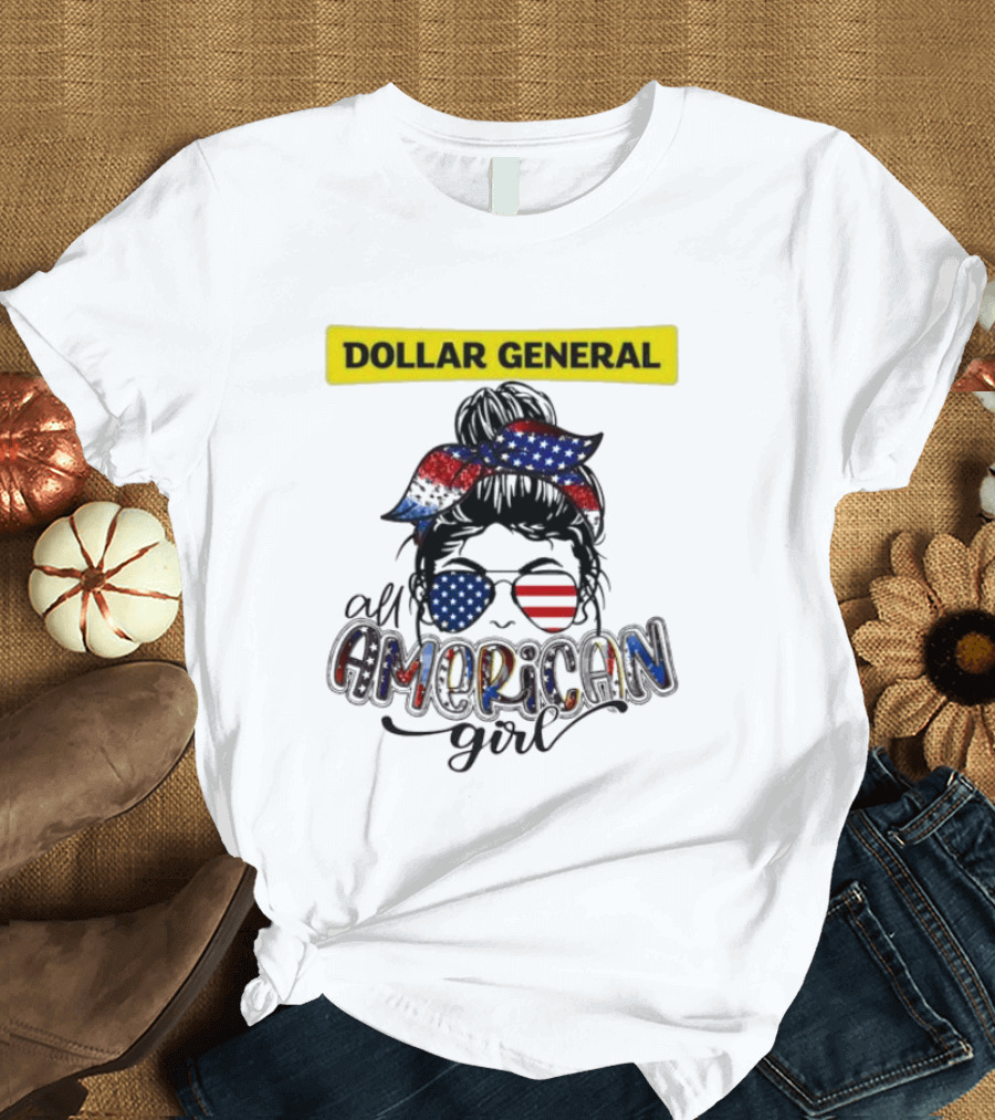 Dollar General All American Girl Messy Bun Flag Bandana Sunglasses T-Shirt