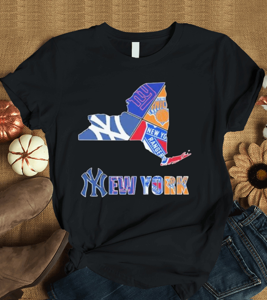 New York Yankees Giants Knicks Rangers Sports Map T-Shirt