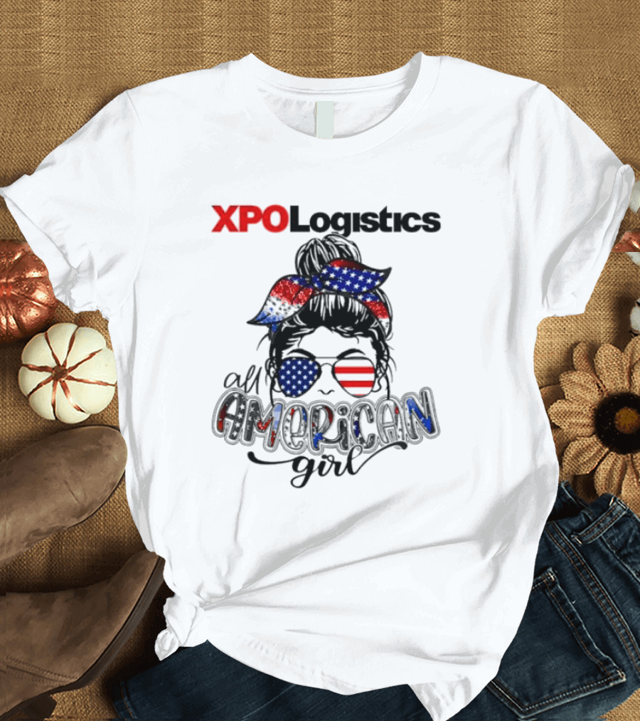 XPO Logistics All American Girl Messy Bun Red White Blue Glasses Stars Stripes T-Shirt