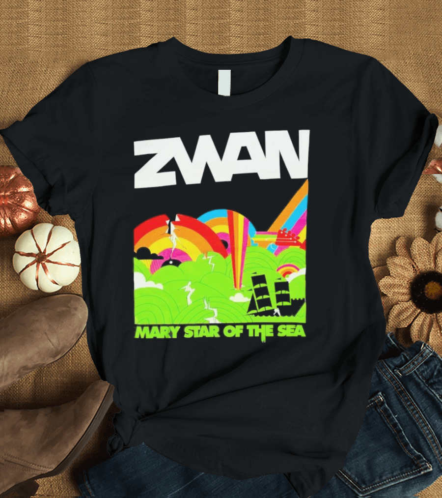 Zwan Mary Star of the Sea Rainbow Waves Sailboat T-Shirt