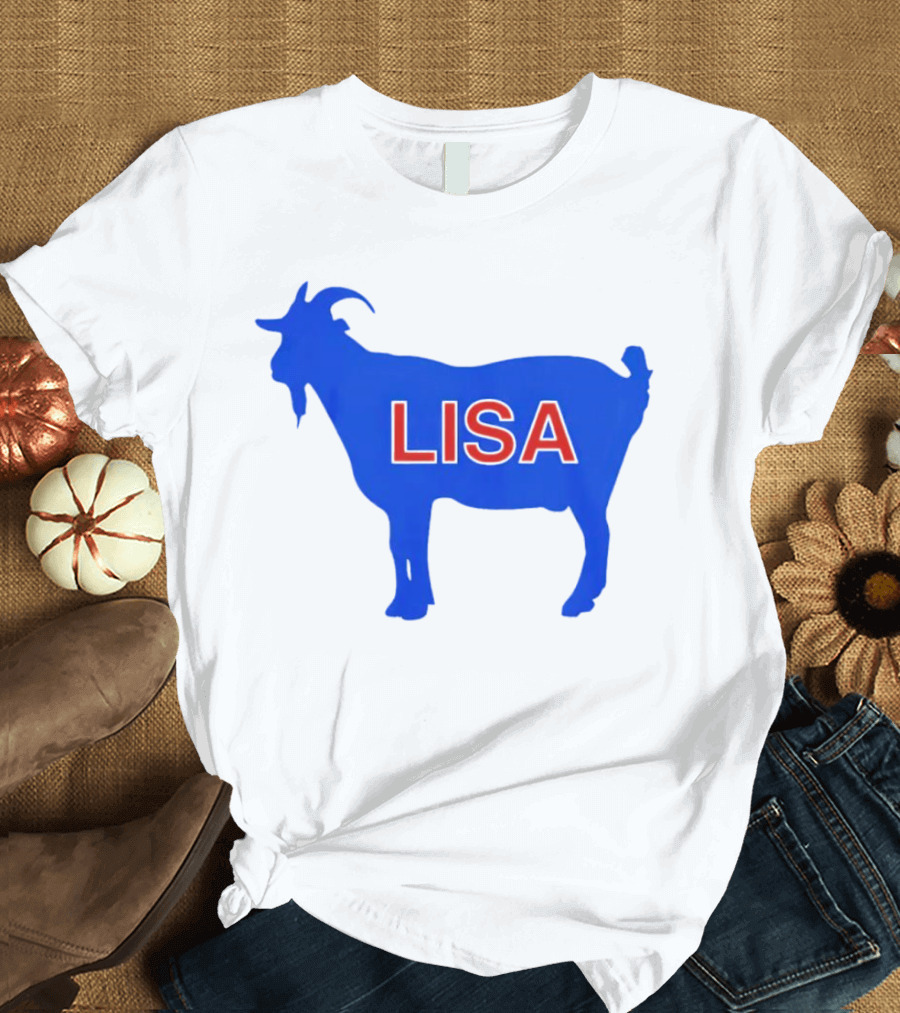 Lisa L Dubbs Goat Silhouette with Name in Bold Red Letters Blue Background T-Shirt