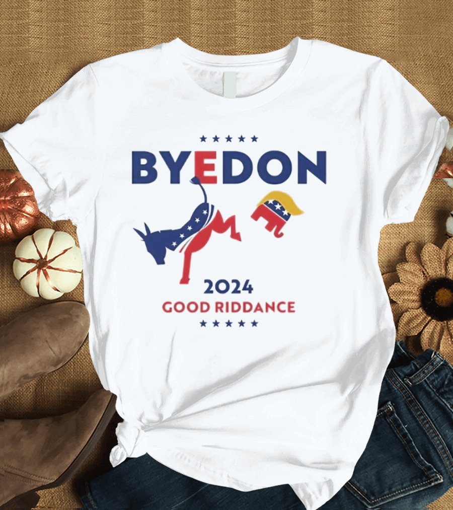 BYEDON 2024 Good Riddance Political Humor with Donkey and Elephant T-Shirt