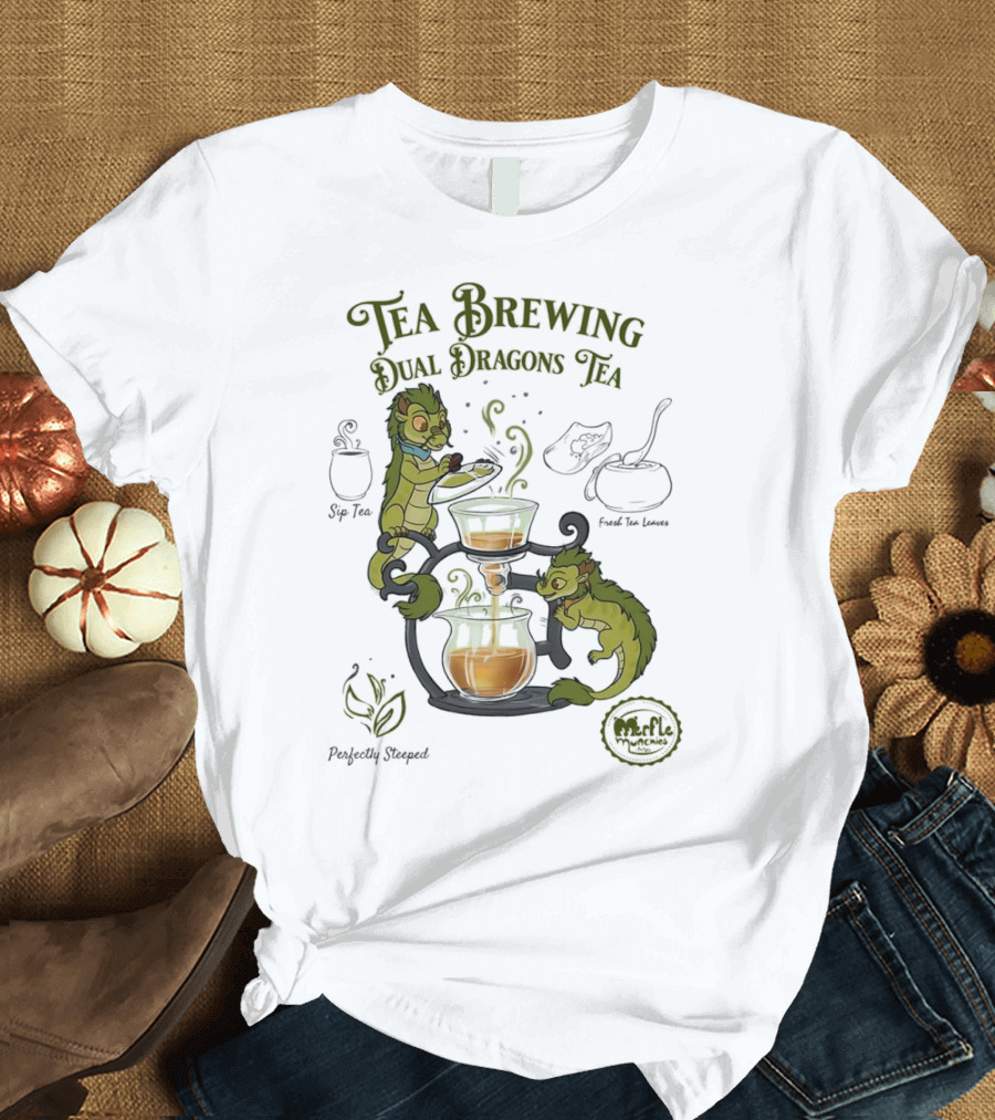 Tea Brewing Dual Dragons Sip Tea Perfectly Steeped Leaf and Kettle T-Shirt