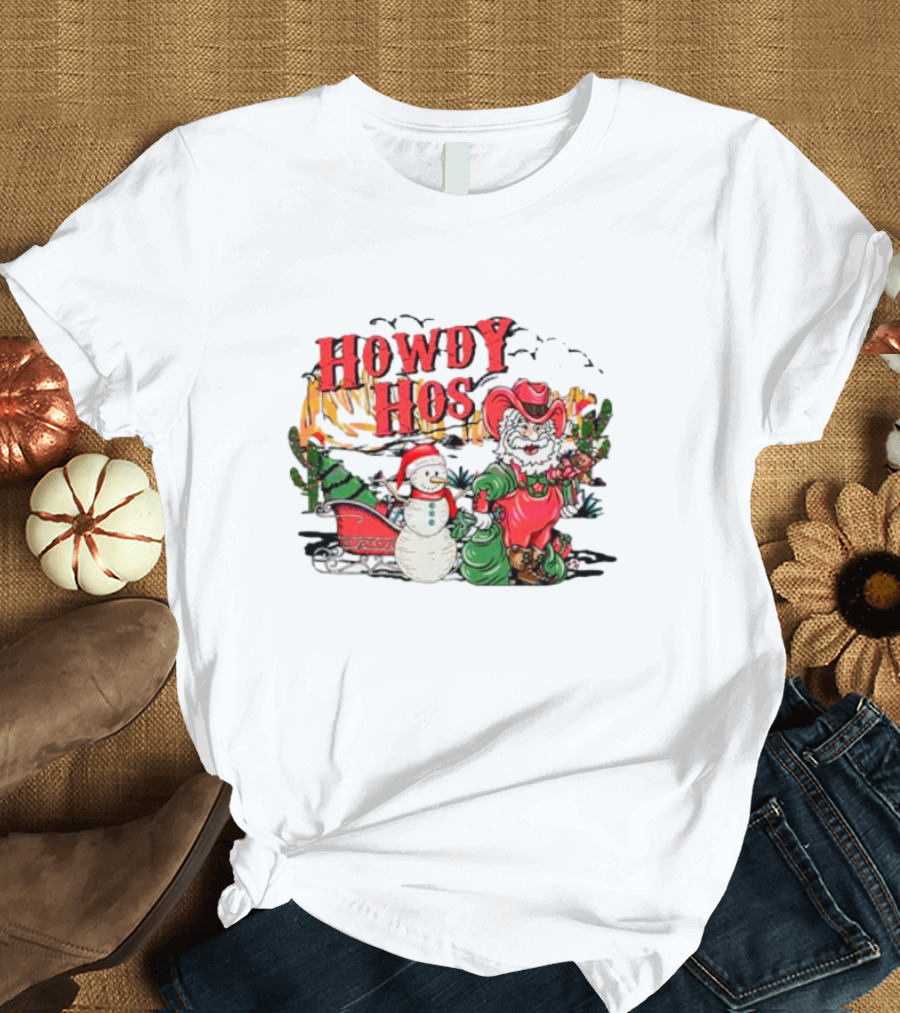 Howdy Hos Santa Snowman Sled Cowboy Christmas Scene T-Shirt