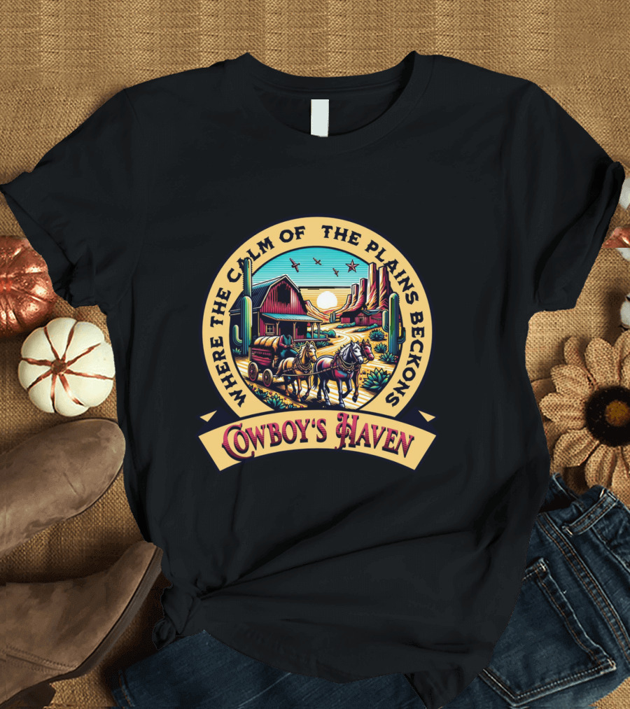 Where the Calm of the Plains Beckons Cowboy's Haven T-Shirt