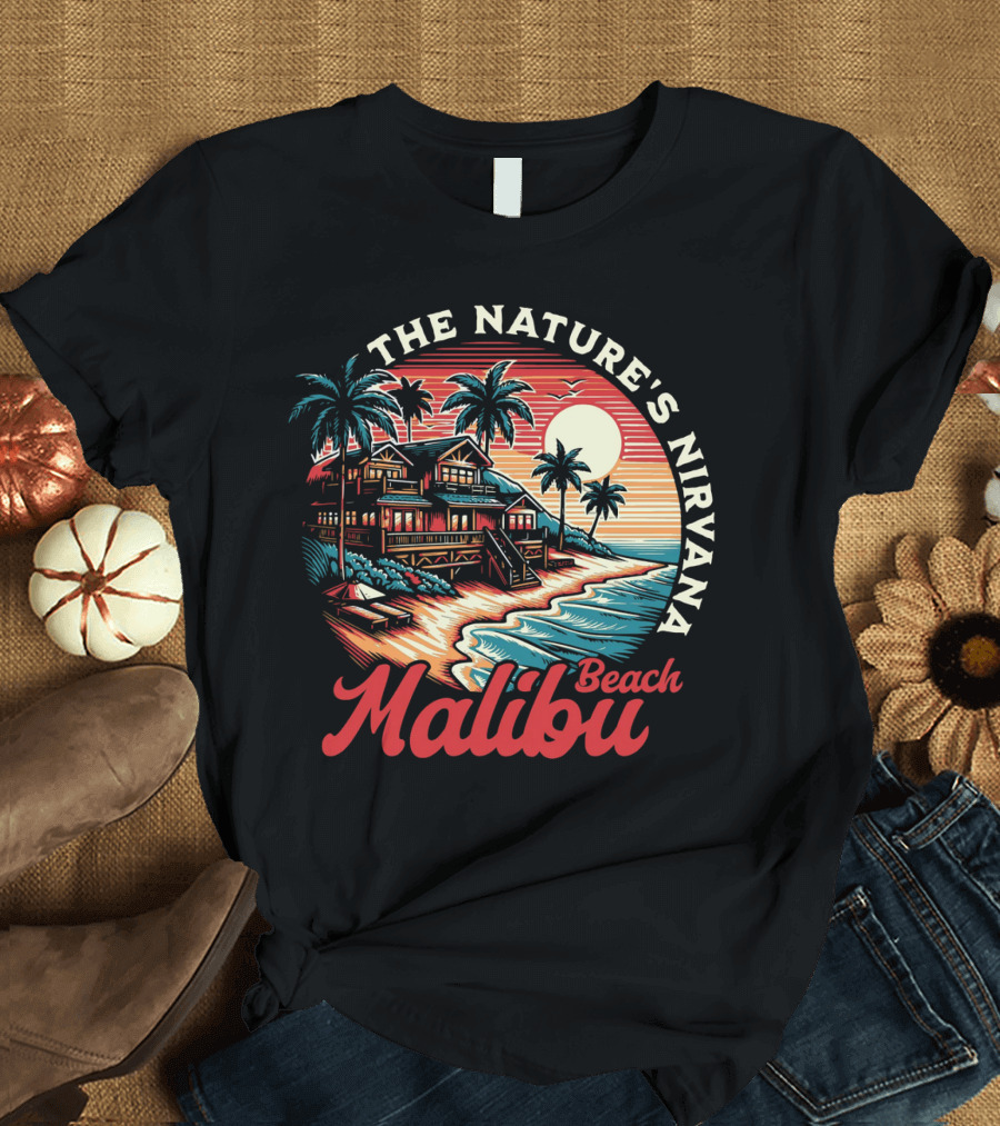 The Nature's Nirvana Malibu Beach Retro Sunset Scene T-Shirt