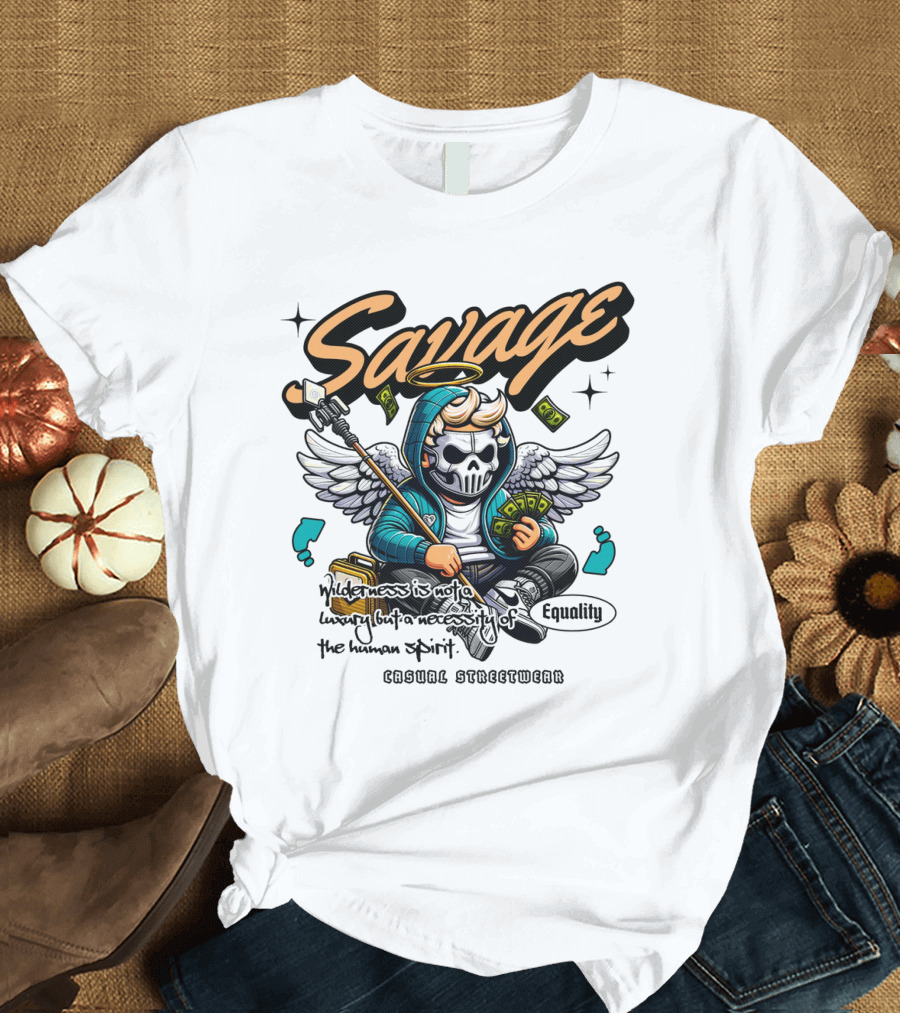 Savage Casual Streetwear Winged Masked Character with Money and Halo T-Shirt