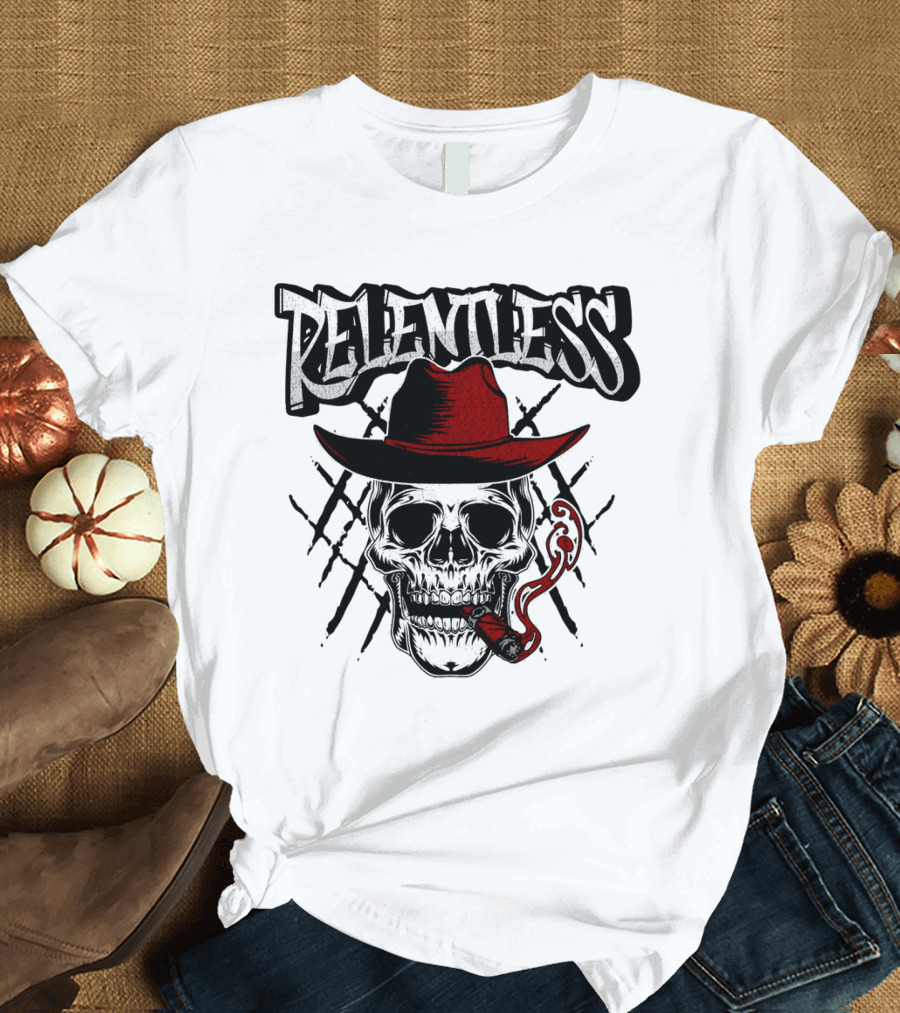 Relentless Skull with Red Hat and Pipe T-Shirt