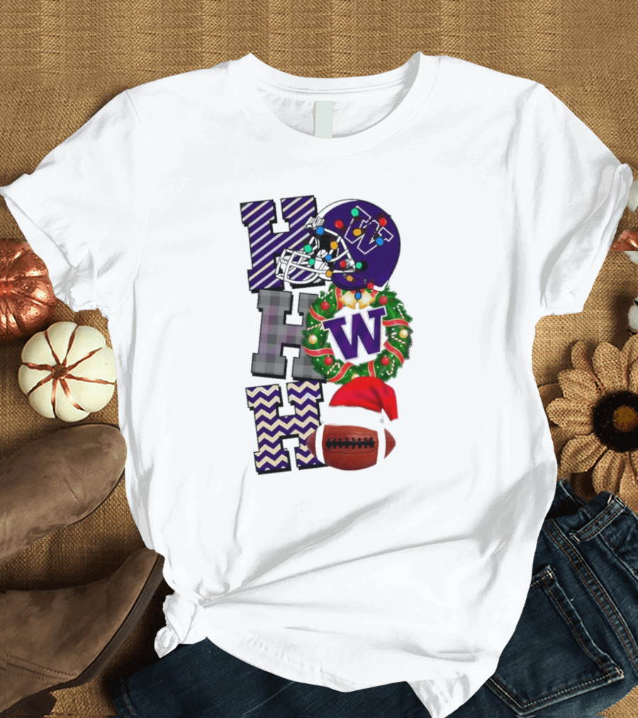 Washington Huskies Football Christmas Ho Ho Ho Helmet Wreath Ball T-Shirt