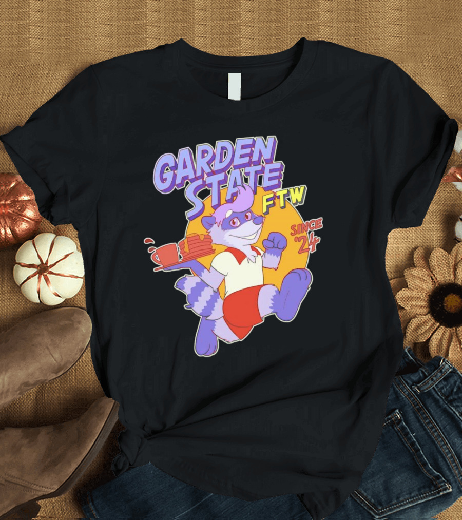 Garden State FTW Since 24 Cartoon Raccoon Serving Pancakes T-Shirt