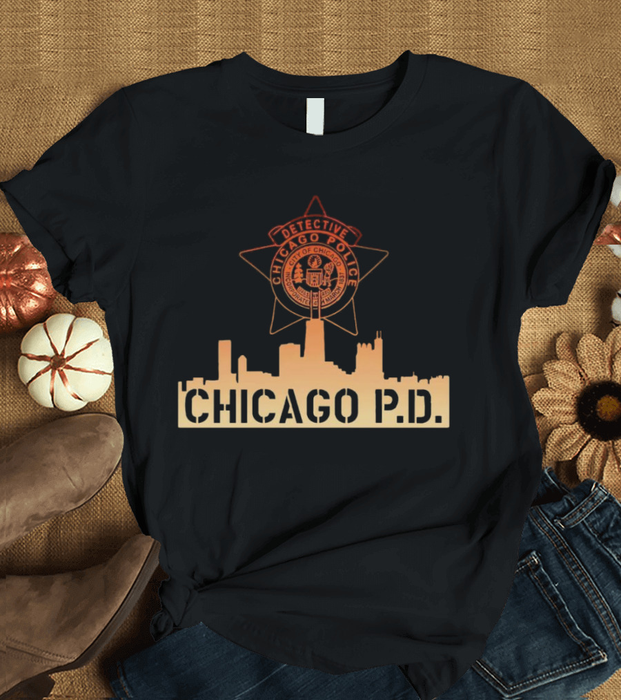 Chicago P.D. Detective Chicago Police Badge and City Skyline T-Shirt