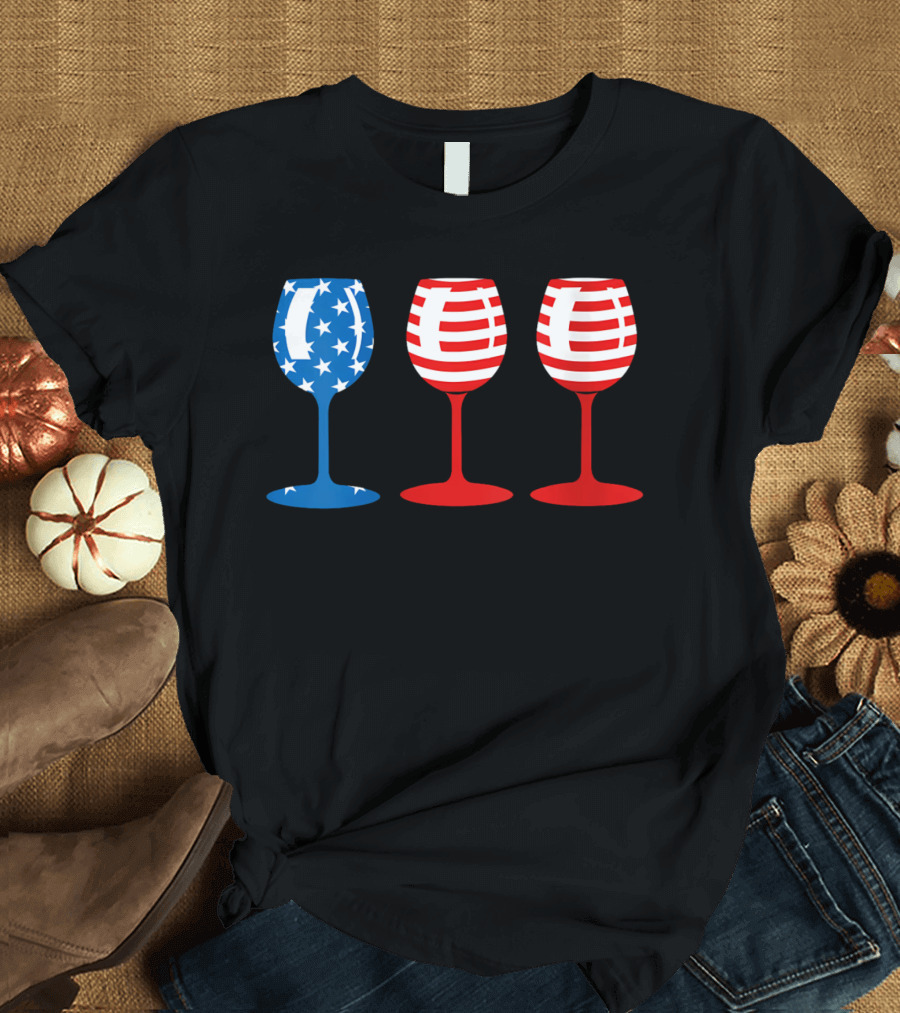 American Flag Fourth of July Wine Glass Trio Stars and Stripes Patriotic T-Shirt