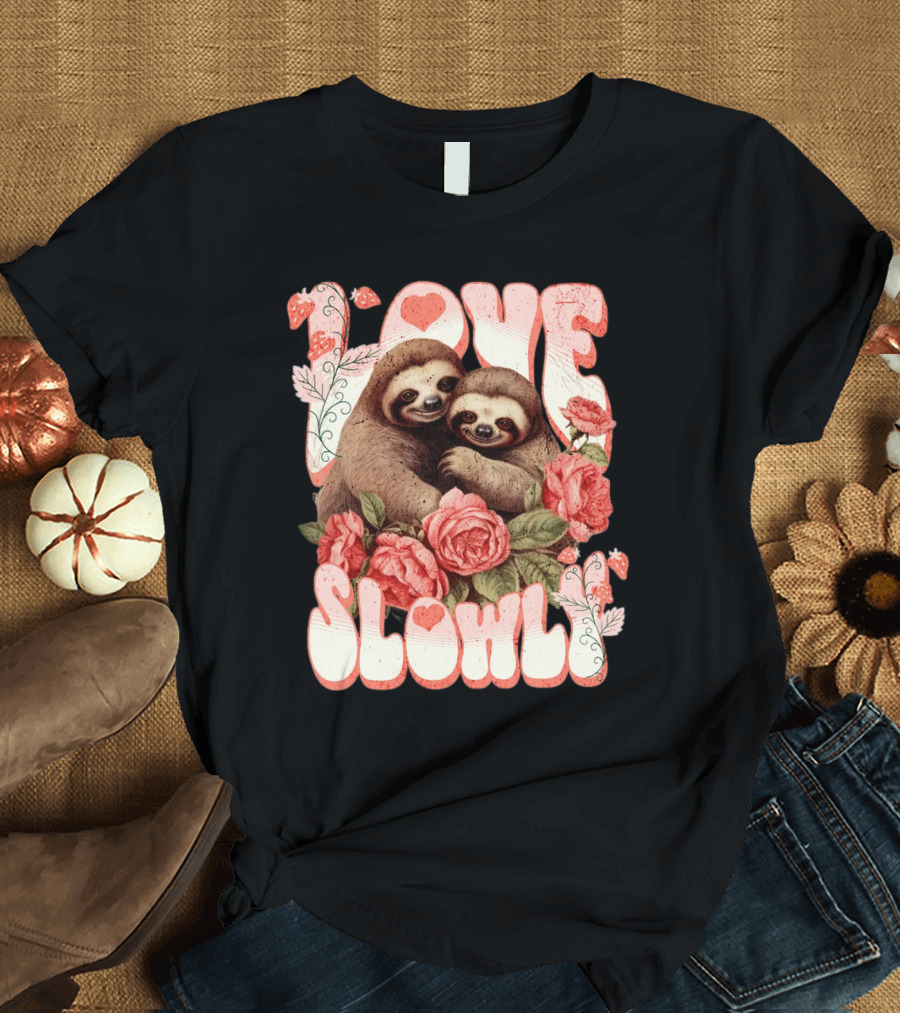 Love Slowly Sloth Couple Romance Valentine Heart Roses T-Shirt