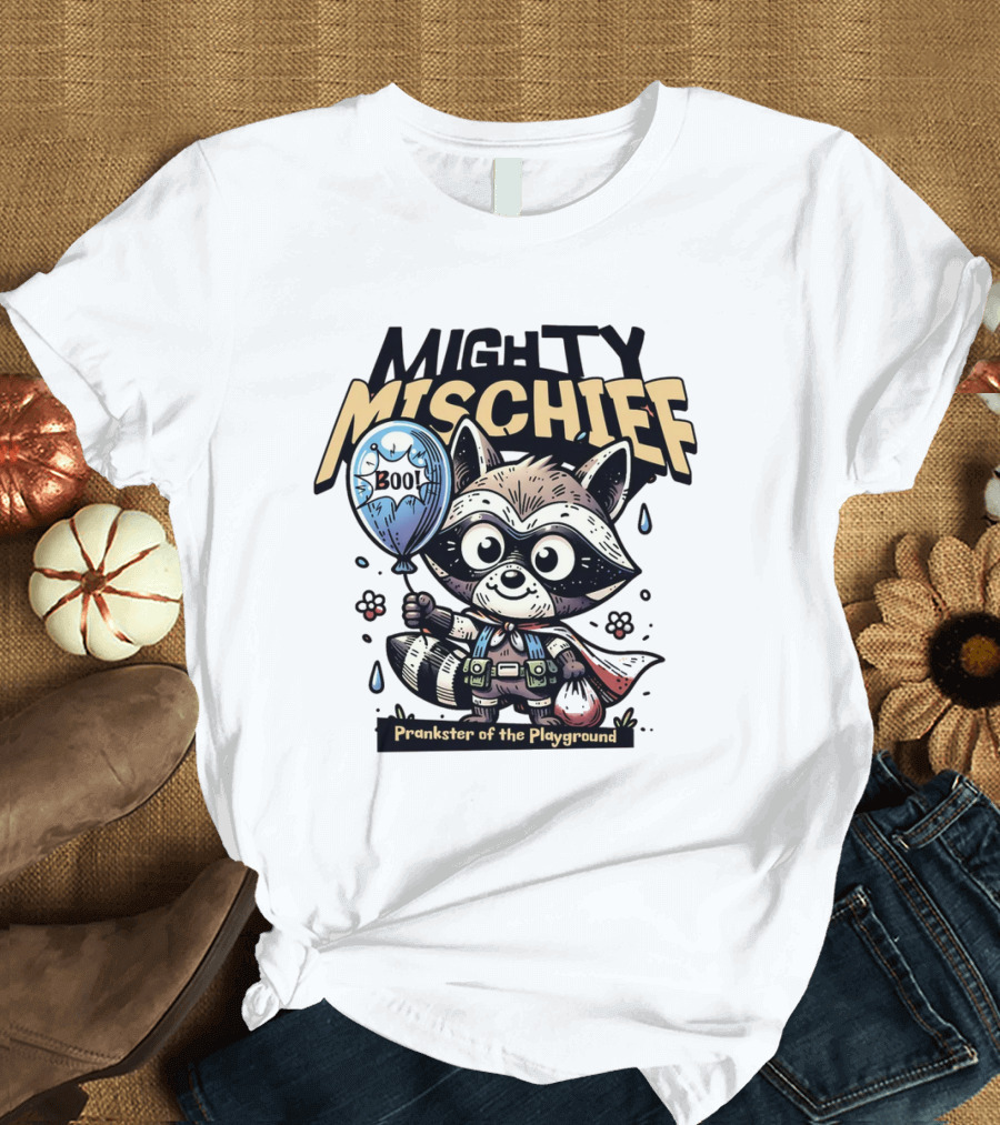 Mighty Mischief Raccoon with Balloon Prankster of the Playground T-Shirt
