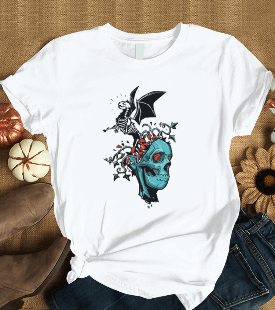 Scott Buoncristiano Skeleton Head with Dragon and Red Accents T-Shirt