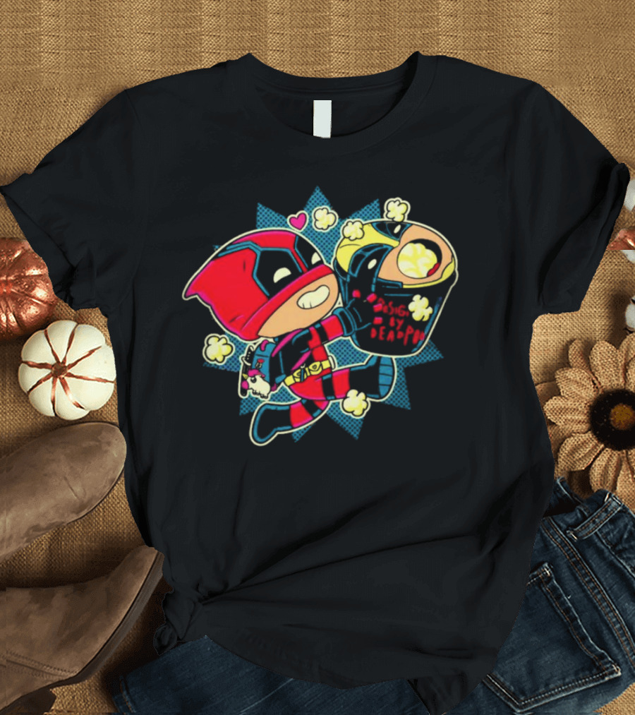 Deadpool Wolverine Pushing By Deadpool Popcorn Buckets Heart T-Shirt