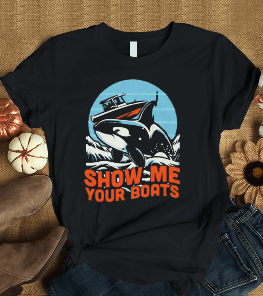Orca Breaching Waves with Speedboat Show Me Your Boats T-Shirt