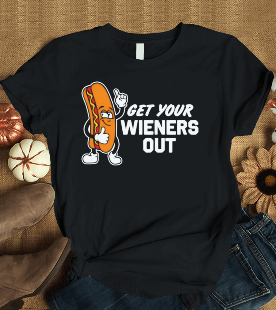 Get Your Wieners Out Animated Hotdog Thumbs Up Comedy T-Shirt
