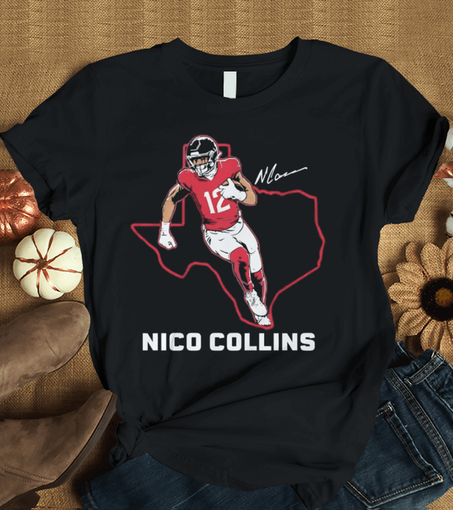 Nico Collins 12 Houston Texans State Outline Signature T-Shirt