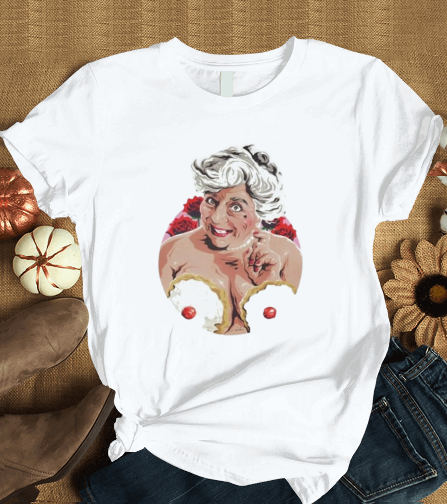 Nordacious Miriam Margolyes Humorous Portrait with Cakes and Roses T-Shirt