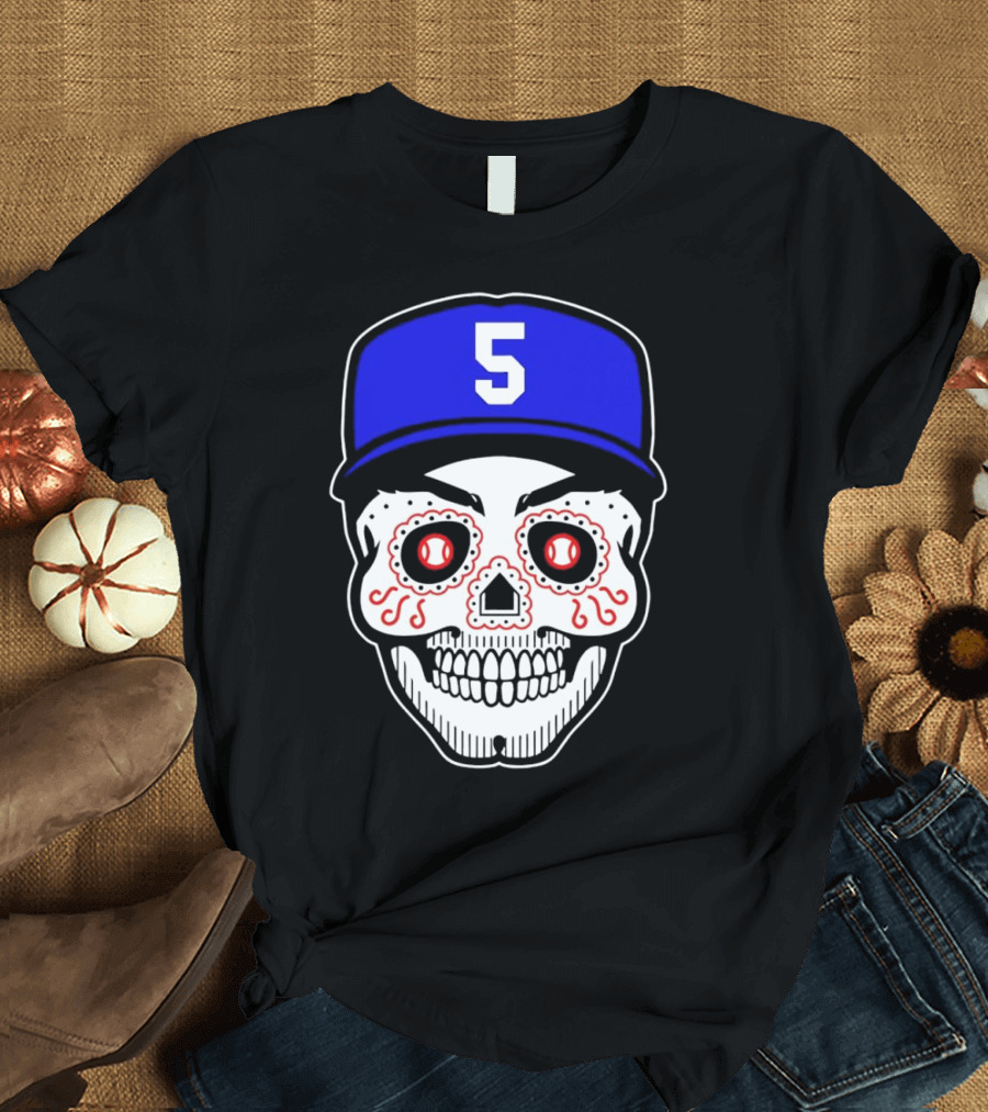 Freddie Freeman Sugar Skull Design Los Angeles Dodgers Number 5 Baseball Cap T-Shirt