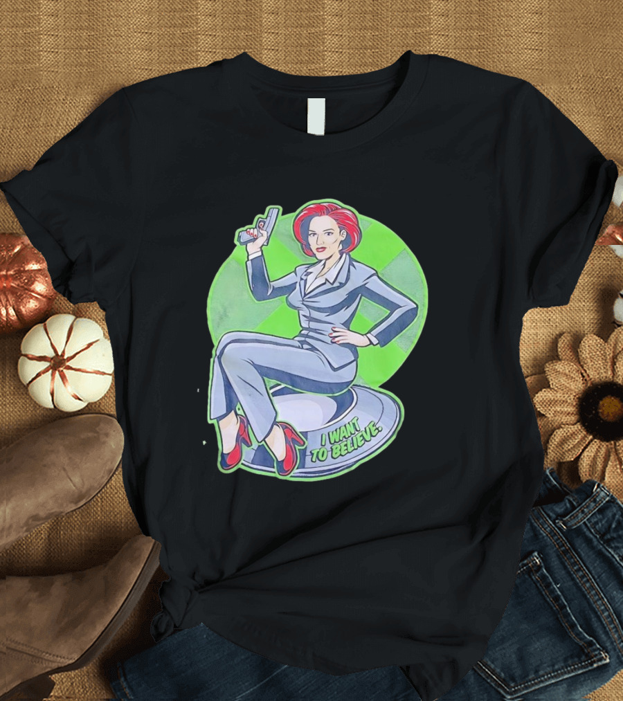 Gillian Anderson I Want to Believe Retro Cartoon Alien T-Shirt