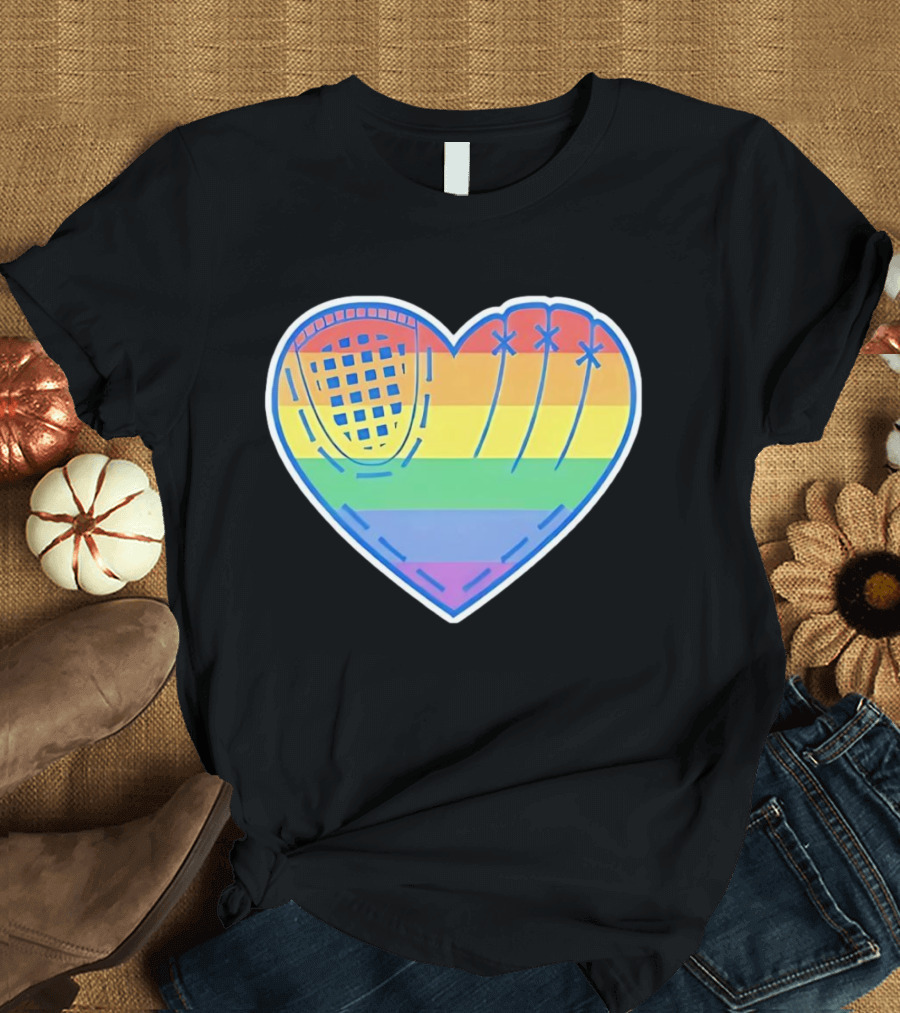 Pride Rainbow Striped Baseball Glove Heart T-Shirt