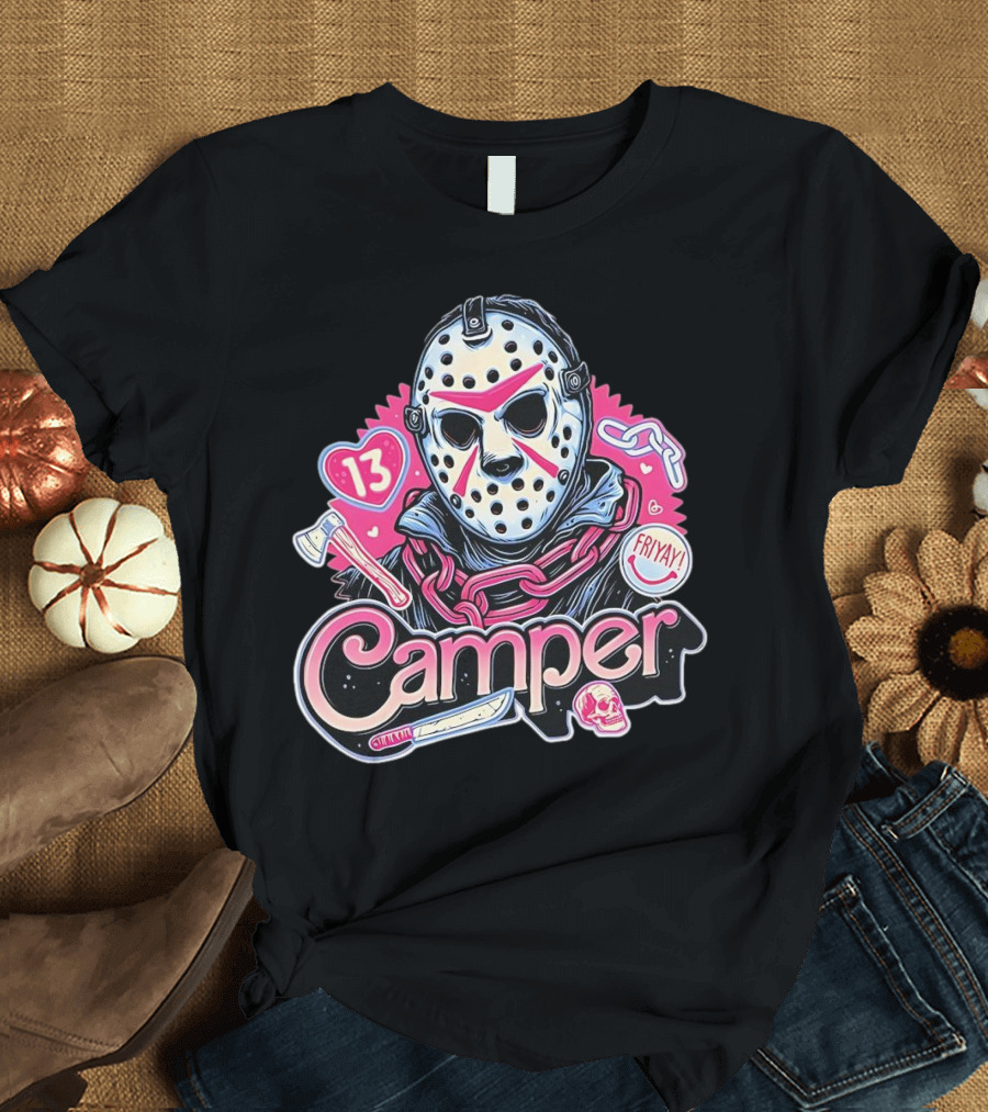 Camper 13 Jason Voorhees Mask and Chains with Ax and Knife Friyay Hearts T-Shirt